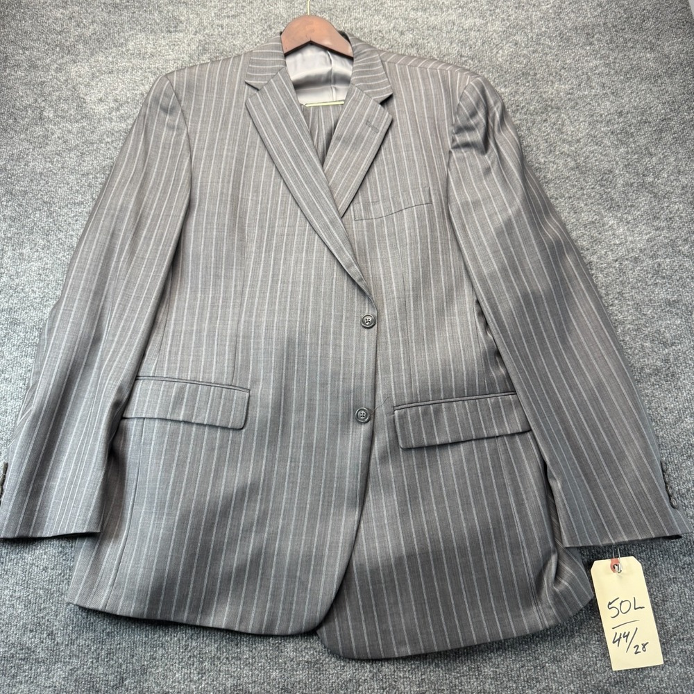 Hart Schaffner Marx Men's 2pc Suit Gray Pinstripe 50L Pleated Pants 44x28 USA